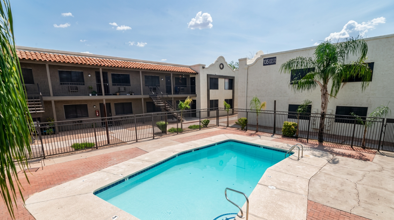 West Side Commons Apartments pool courtyard in Tucson, Arizona